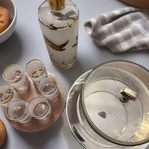 Vintage Mid-Century Bar Lot: Gold Hunt Decanter Set & Kromex Acrylic Server